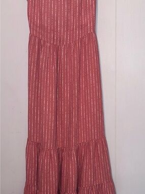 Lush Rust Red Maxi Skirt with Vertical Pinstripes